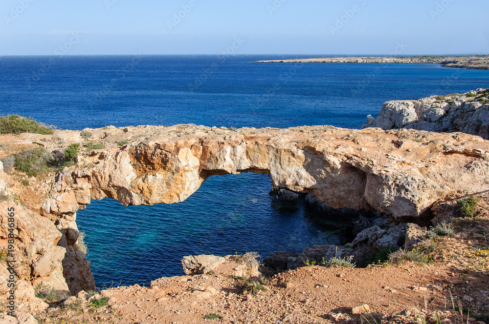 natural stone bridge cave in Mediterranean Sea, Ayia Napa, Cyprus.