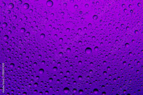 Purple water drops on glass. Background.