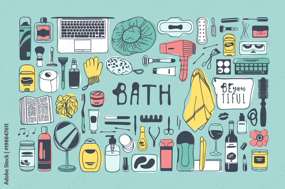 Hand drawn illustration beauty products. Creative ink art work. Actual vector bath drawing Hand drawn illustration beauty products. Creative ink art work. Actual vector bath drawing