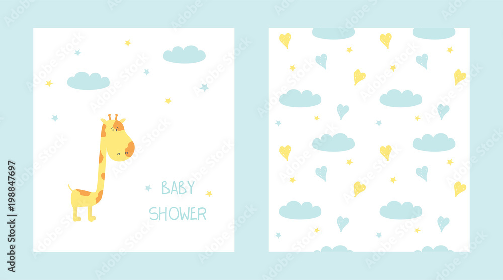 Cute Giraffe baby. Baby shower card and seamless pattern with clouds, stars. Vector illustration. Cute Giraffe baby. Baby shower card and seamless pattern with clouds, stars. Vector illustration.