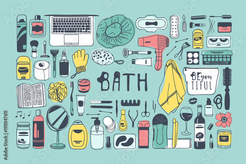Hand drawn illustration beauty products. Creative ink art work. Actual vector bath drawing