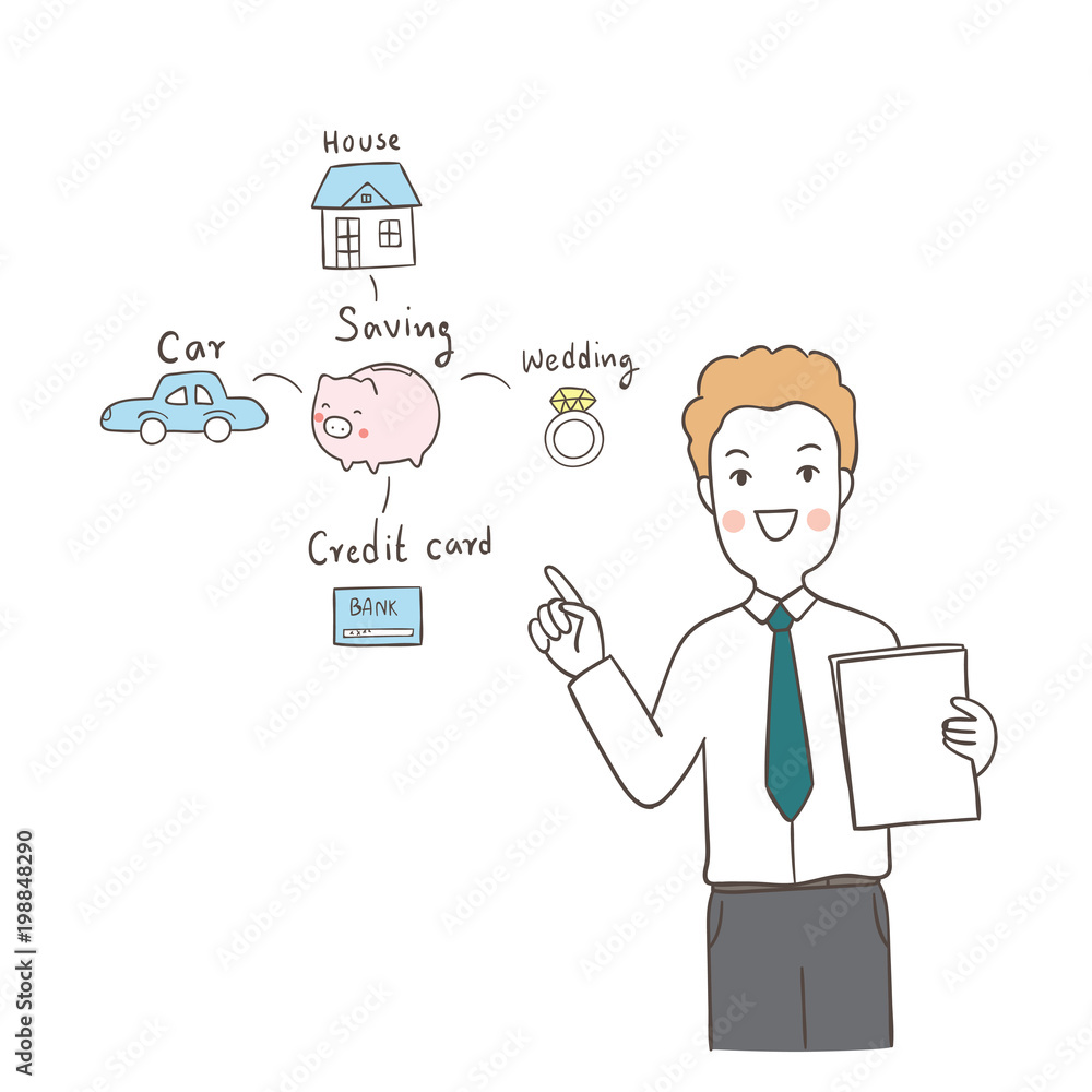 Vector illustration businessman planning financial and saving money for the future Doodle cartoon style