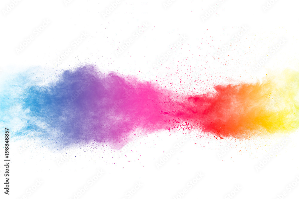 Abstract multi color powder explosion on white background.  Freeze motion of color dust  particles splashing. Painted Holi in festival