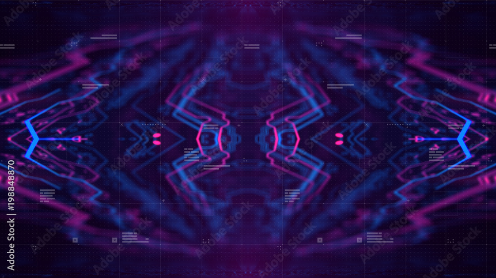 Mirror Symmetry. Purple, violet, blue neon background with digital integrated network technology. Printed circuit board. 3D illustration. Circuit board futuristic server code processing.