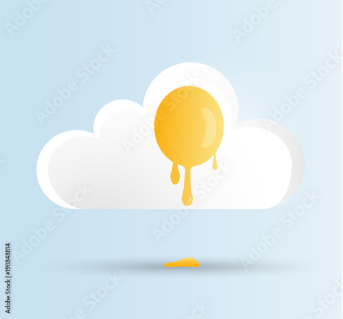 Fried dripping egg in the form of a white and yellow cloud on a blue sky background. Vector illustration for World Egg Day, Easter Holiday or another design use.