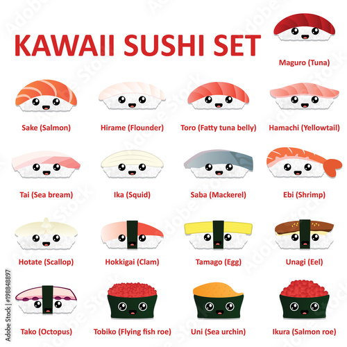 Kawaii sushi icon set. Vector.