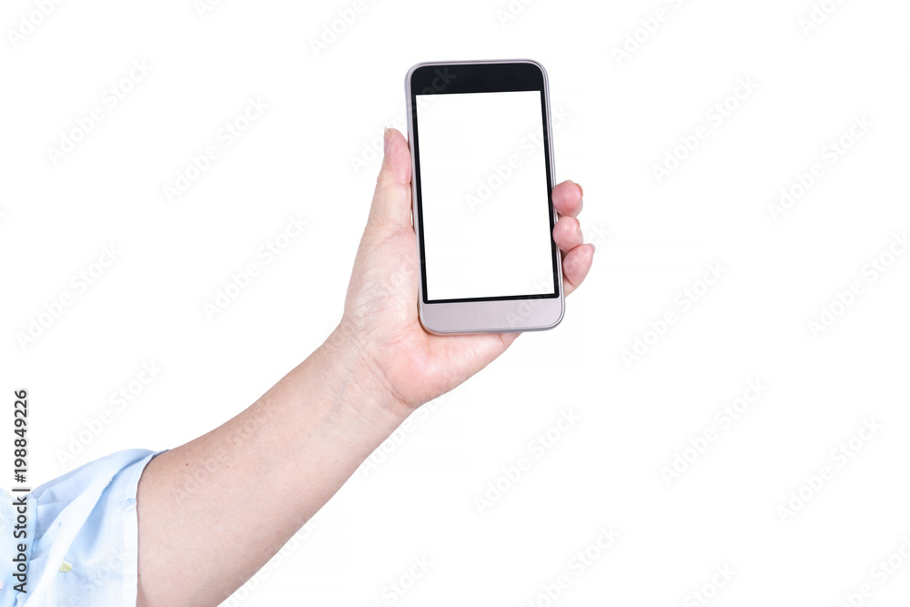 Woman's hand holding modern smartphone isolated on white background