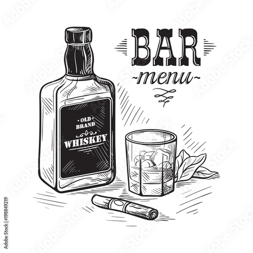 bottles and glass for alcohol sketch
