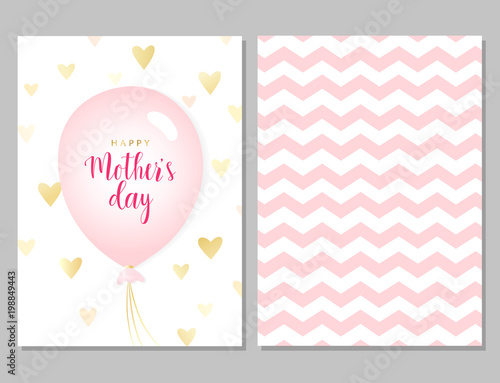Vector greeting card with pink balloon, gold hearts and pink geometrical stripes. Greeting cute card for Mother's day.