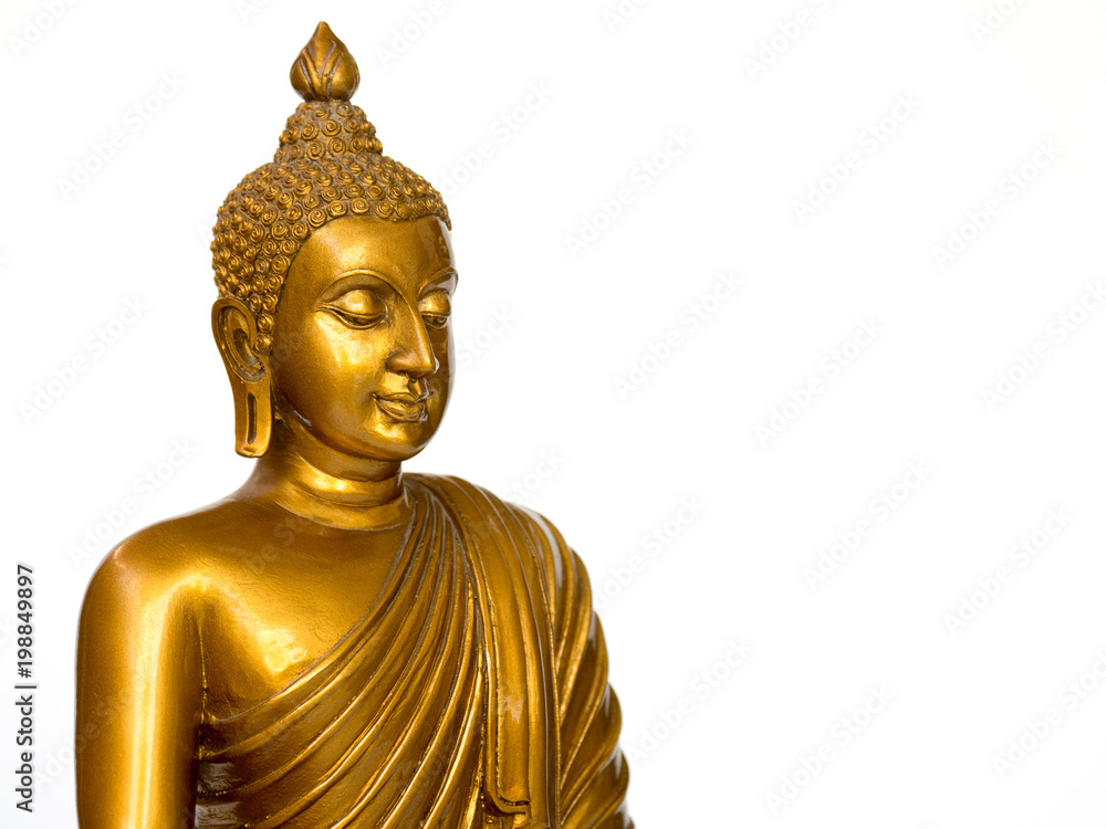 Golden antique buddha statue on the white background (isolated background). The face of the Buddha turned to the right.