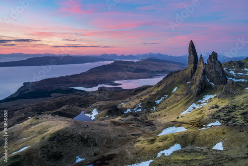 The Old man of Storr in morning time with colorful sky in winter time