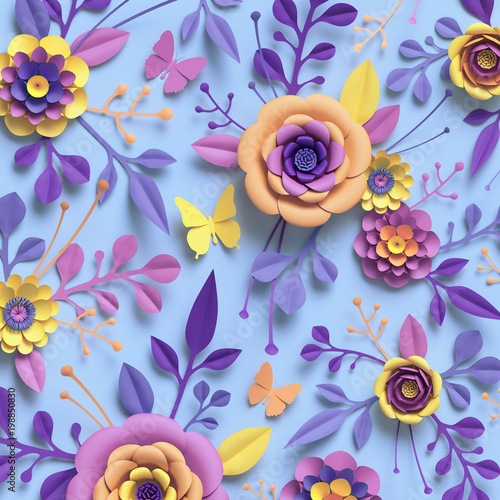 Fototapeta Naklejka Na Ścianę i Meble -  3d rendering, paper art, rose flowers, floral pattern, botanical background, pastel blue pink and yellow colors