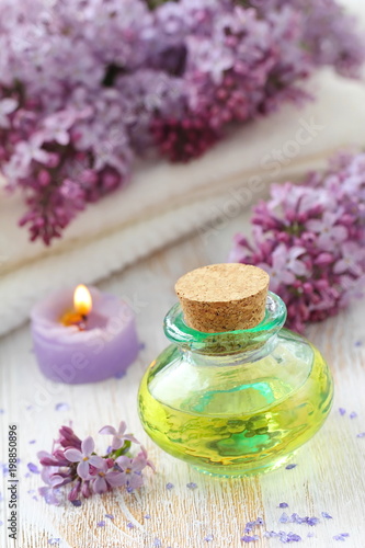 SPA setting. Essential aroma oil with lilac