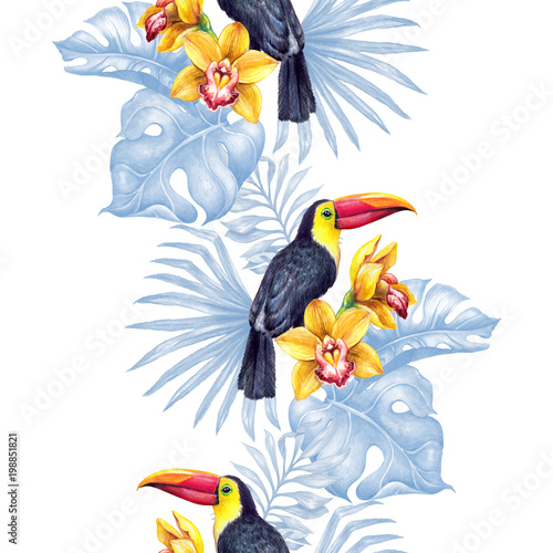 watercolor seamless botanical background, vertical border, hand painted toucan in the jungle, decorative palm leaves, paradise bird, tropical nature