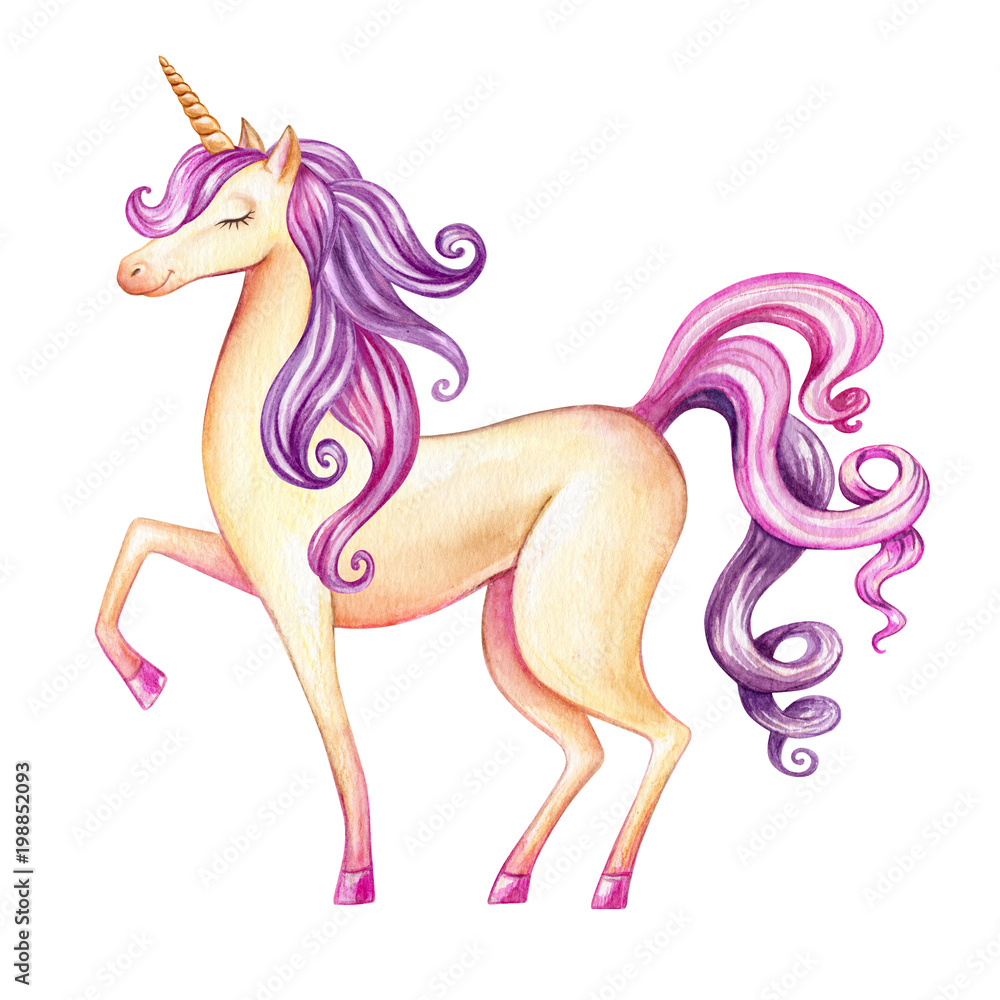 watercolor unicorn illustration, fairy tale creature, pink curly hair,  cartoon animal clip art, isolated on white background Stock Photo | Adobe  Stock