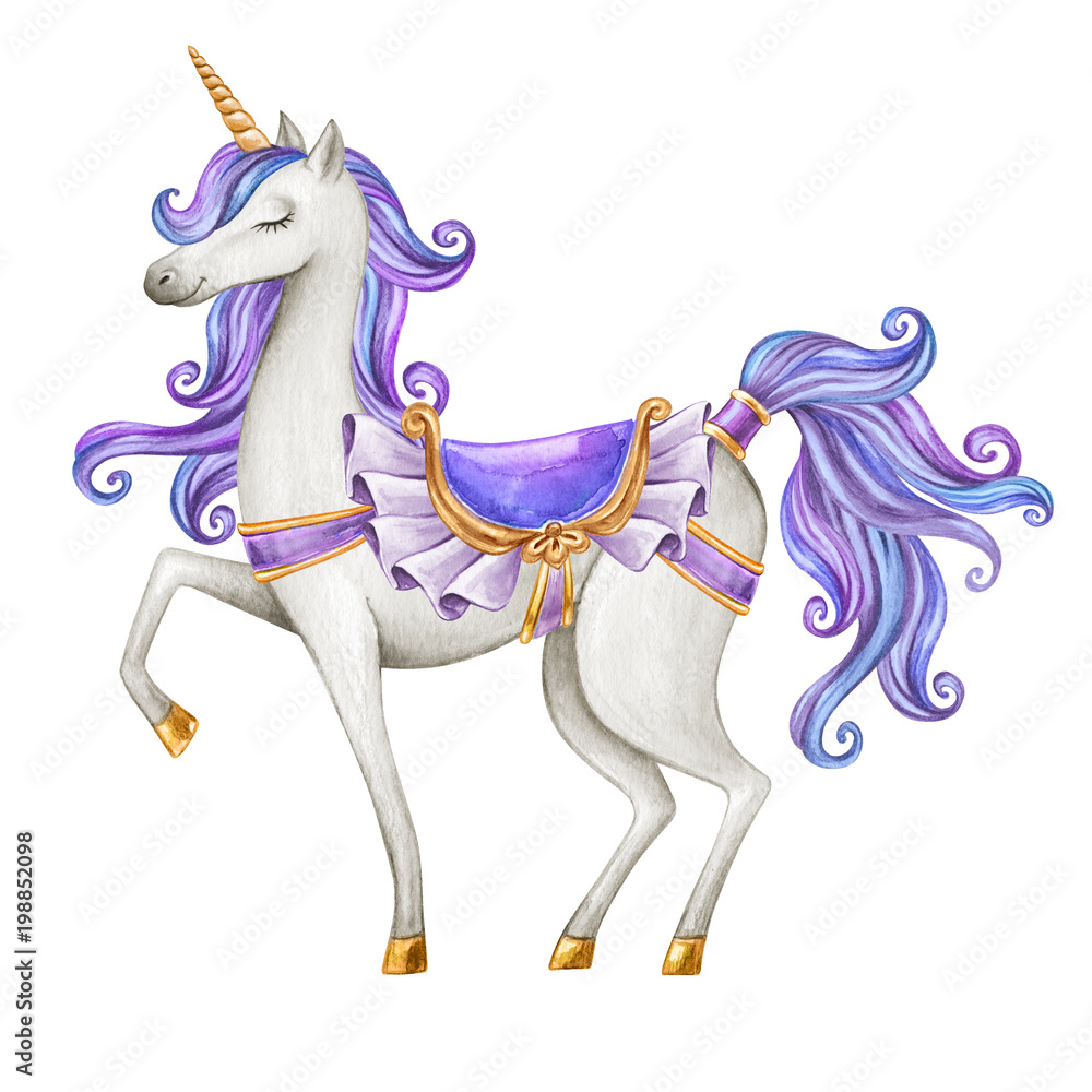watercolor unicorn illustration, fairy tale creature, purple blue curly hair,  mythical animal clip art, isolated on white background Stock Photo | Adobe  Stock