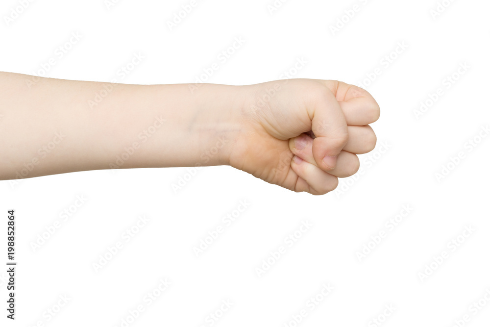 Hand gesture, kid clenched fist, ready to punch Hand gesture, kid clenched fist, ready to punch