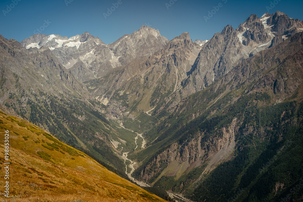 Obraz premium The Caucasus mountains in Georgia country. Beautiful mountain landscape. Svaneti. Nature and Mountain background.