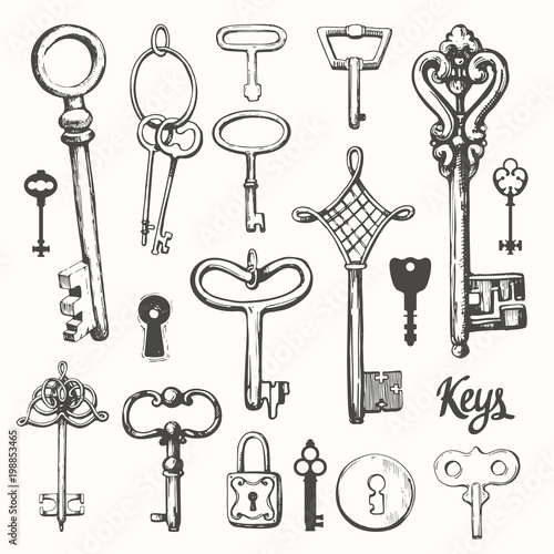 Vector set of hand-drawn antique keys. Illustration in sketch style on white background. Old design