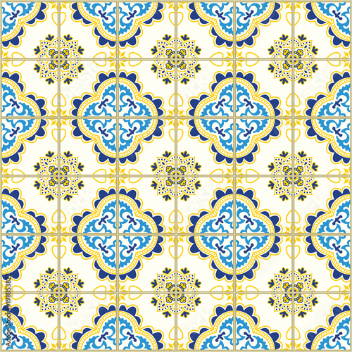 Seamless pattern with portuguese tiles. Vector illustration of Azulejo on white background. Mediterranean style. Blue and yellow design.