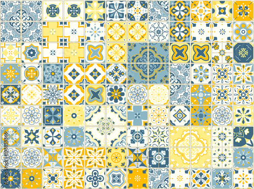 Seamless pattern with portuguese tiles. Vector illustration of Azulejo on white background. Mediterranean style. Blue and yellow design.