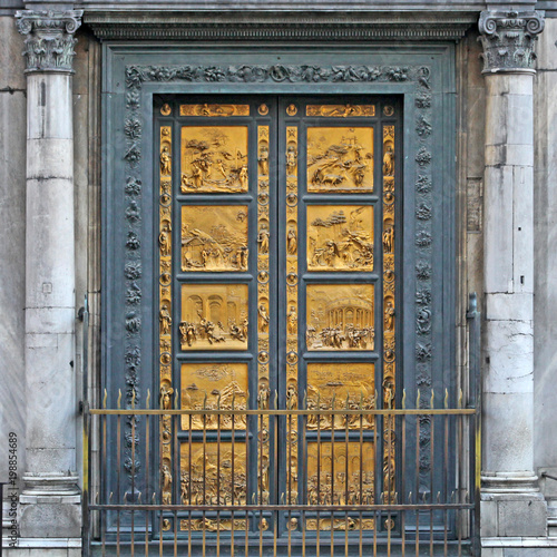 Ghiberti Paradise Baptistery Bronze Door Duomo Cathedral Florence Italy Door cast in the 1400s. photo