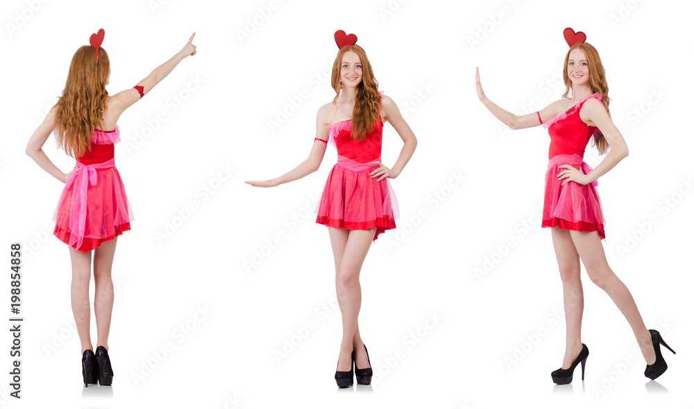 Pretty young model in mini pink dress isolated on white Pretty young model in mini pink dress isolated on white