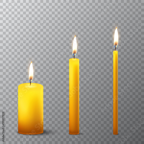 Vector 3d realistic different orange paraffin or wax burning party candle icon set closeup isolated on transparency grid background. Thick, medium and thin size. Design template, clipart for graphics