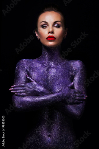 Wallpaper Mural Portrait of nude girl body painted with tinsel and sparkles on black background Torontodigital.ca