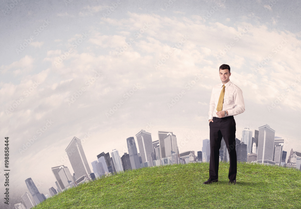 A successful male good looking business man standing in small green grass in front of city landscape with skyscrapers concept. A successful male good looking business man standing in small green grass in front of city landscape with skyscrapers concept.
