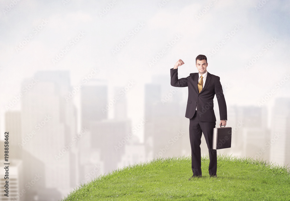 A cheerful caucasian elegant sales manager standing in small green grass in front of faded city landscape, tall buildings concept. A cheerful caucasian elegant sales manager standing in small green grass in front of faded city landscape, tall buildings concept.