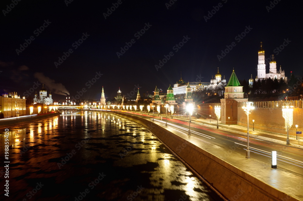 Night view of Moscow Kremlin, Kremlin embankment and Moskva-river from Big Moskvoretsky bridge, Moscow, Russia