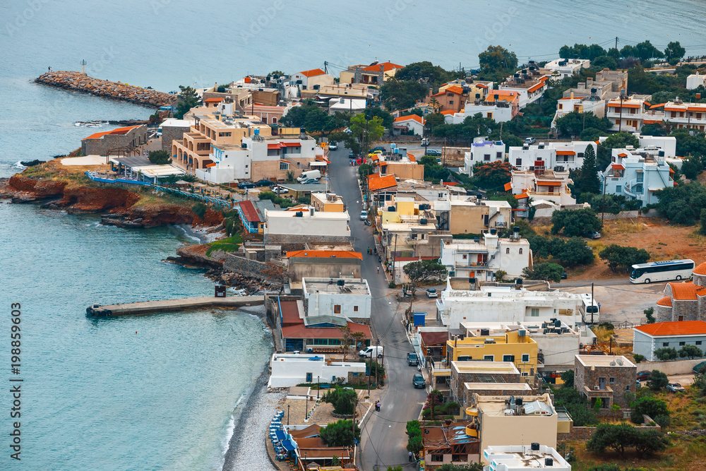 Aerial view of the harbor of Elounda, Crete, Greece
