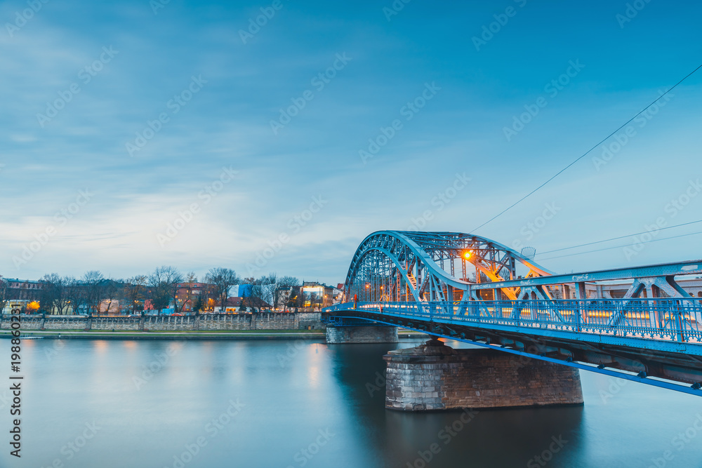 View of Pilsudzki bridge in Krakow at twilight, Poland