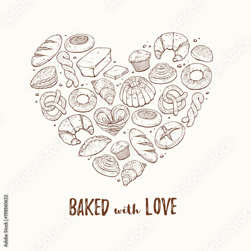 Heart shape composition from hand drawn bread in sketch style. Vector illustration for bakery shops isolated on white background. Fresh bread poster concept.