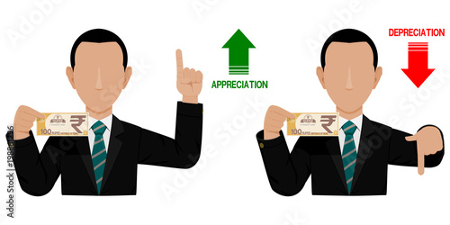 Two businessmen are presenting Rupee appreciation and depreciation
