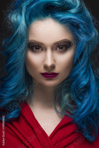 Wallpaper Mural Close-up portrait of beautiful dyed blue colour hair girl wearing red scarf Torontodigital.ca
