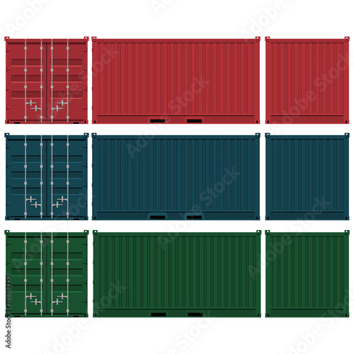 set of isolated container  without marking on transparent background. There are 3 views front,side and back.
