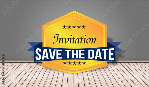 Inivitation save the date badge in 3D room view photo