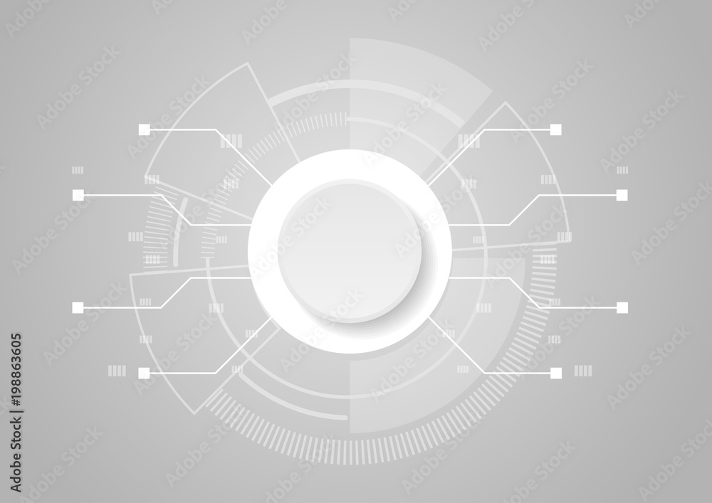 Abstract technology concept, white circle button and futuristic circuit board on white background