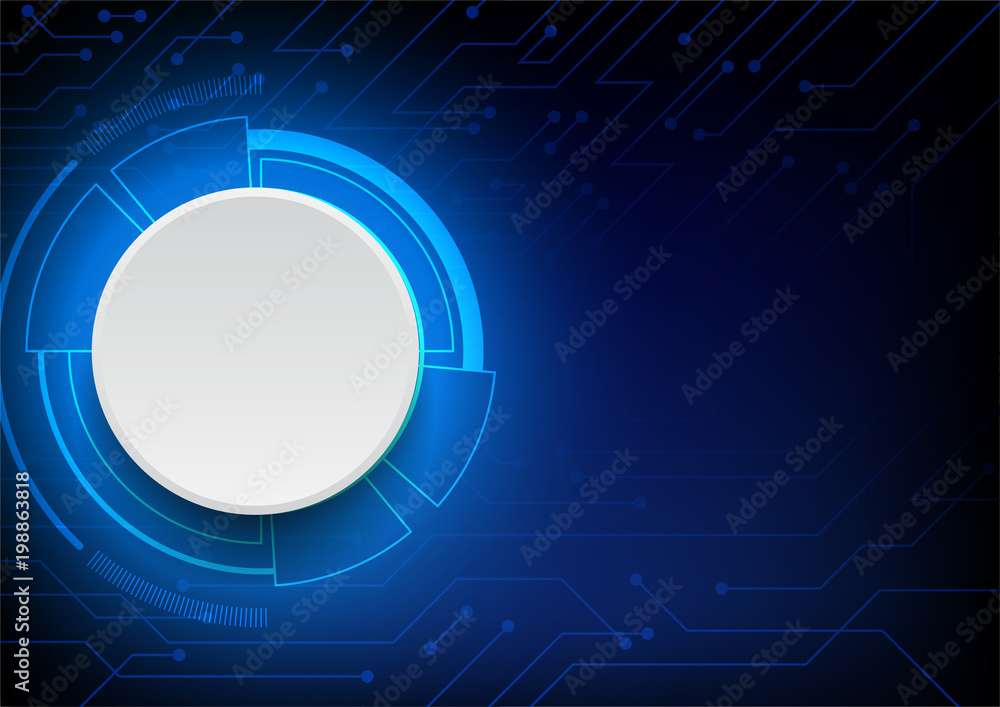 White circle button on dark circuit line texture background