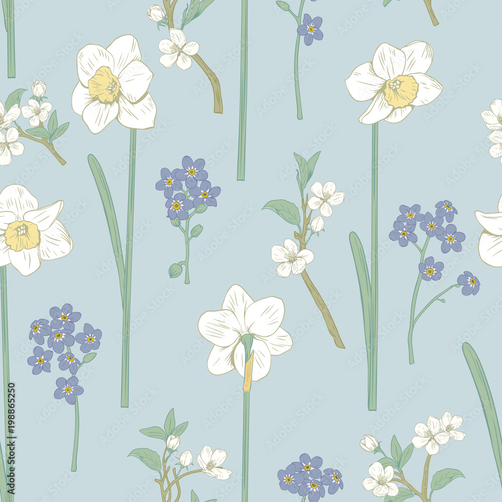 Floral seamless pattern. Daffodils, forget me not flowers and sakura. Vector illustration