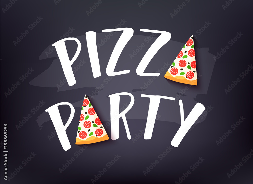 Fototapeta Transparent Pizza Party z tekstem i kawałek pizzy na ciemnym tle. Karta wektor.