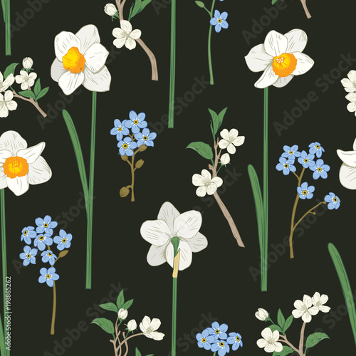 Fototapeta Naklejka Na Ścianę i Meble -  Floral seamless pattern. Daffodils, forget me not flowers and sakura. Vector illustration