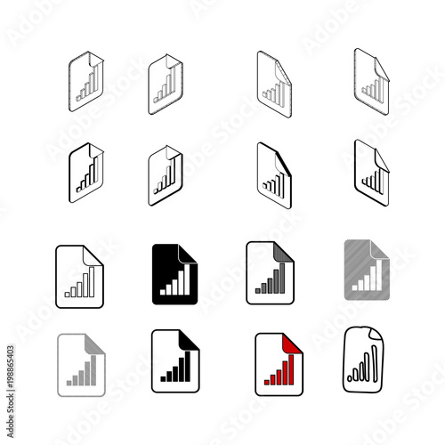 Set of Collection modern vector. Paper Chart icon multi type of 3d isometric, solid, line, scribble hatch, doodle, shadow isometric and a little colour on white background eps10