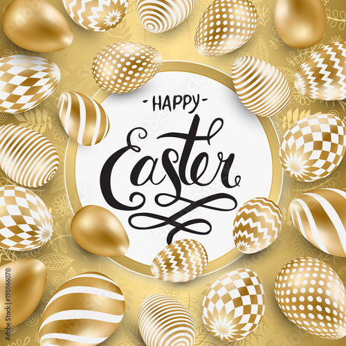 Happy Easter background with realistic golden shine decorated eggs