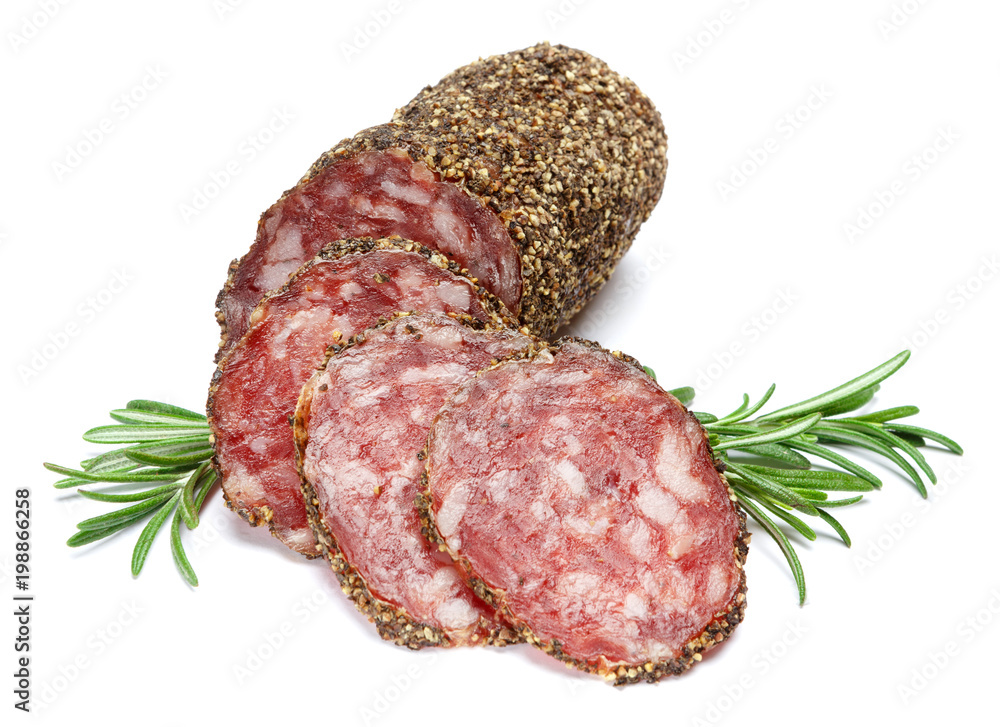 Dried organic salami sausage covered with pepper on white background Dried organic salami sausage covered with pepper on white background