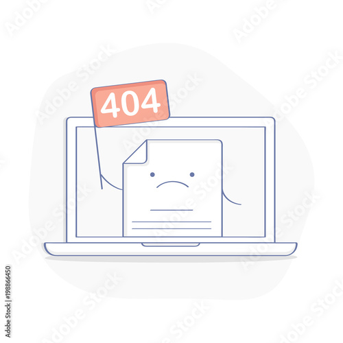 404 Error Page concept or File not found icon. Cute cartoon web page with flag 404 on laptop display. Modern flat outline icon, isolated vector illustration.