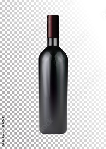 Vector illustration of a dark bottle of red wine in photorealistic style. A realistic object on a transparent background. 3D Realism.