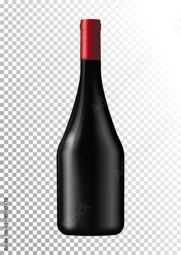 Vector illustration of a dark bottle of red wine in photorealistic style. A realistic object on a transparent background. 3D Realism.